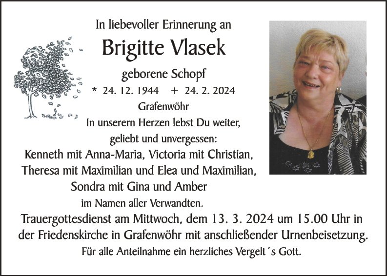 Traueranzeige Brigitte Vlasek, Grafenwöhr