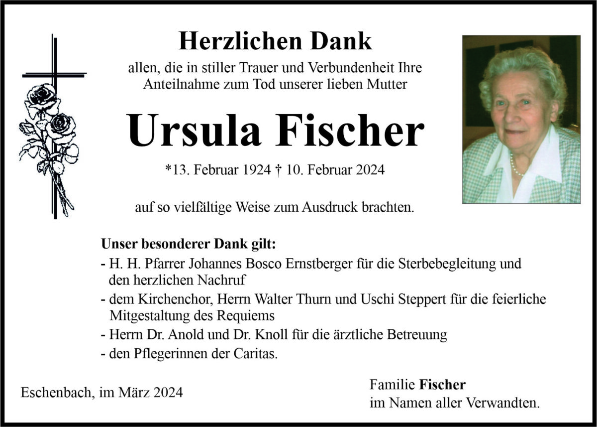 Traueranzeige Ursula Fischer, Eschenbach