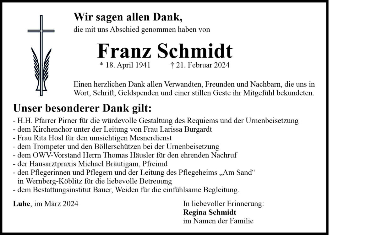 Danksagung Franz Schmidt, Luhe