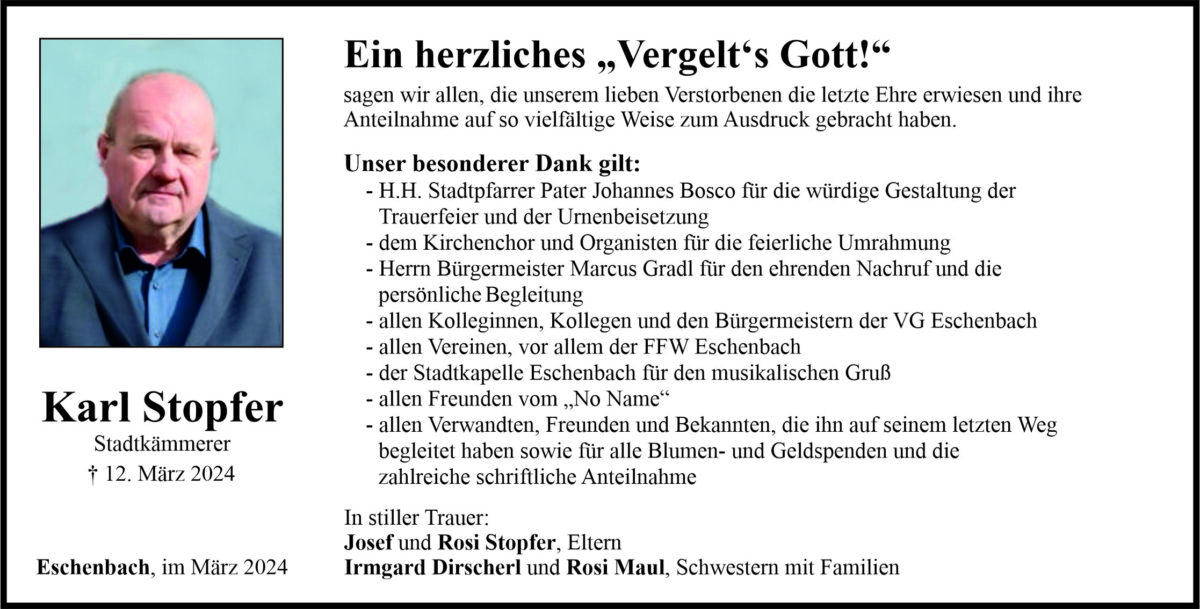 Danksagung Karl Stopfer, Eschenbach