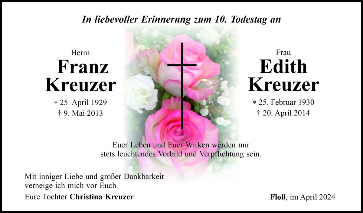 Gedenkanzeige Franz und Edith Kreuzer, Floß
