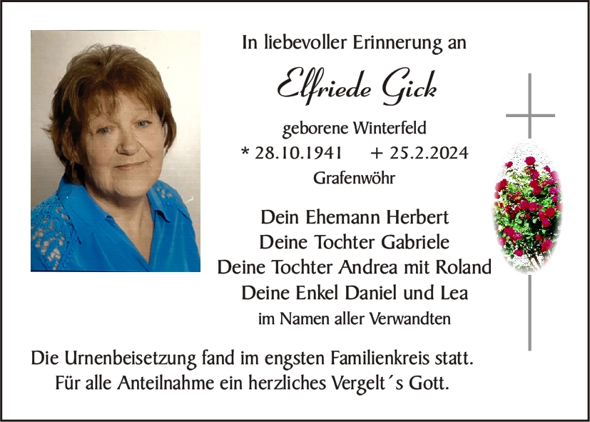 Traueranzeige Elfriede Gick, Grafenwöhr