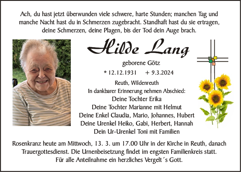 Traueranzeige Hilde Lang, Reuth