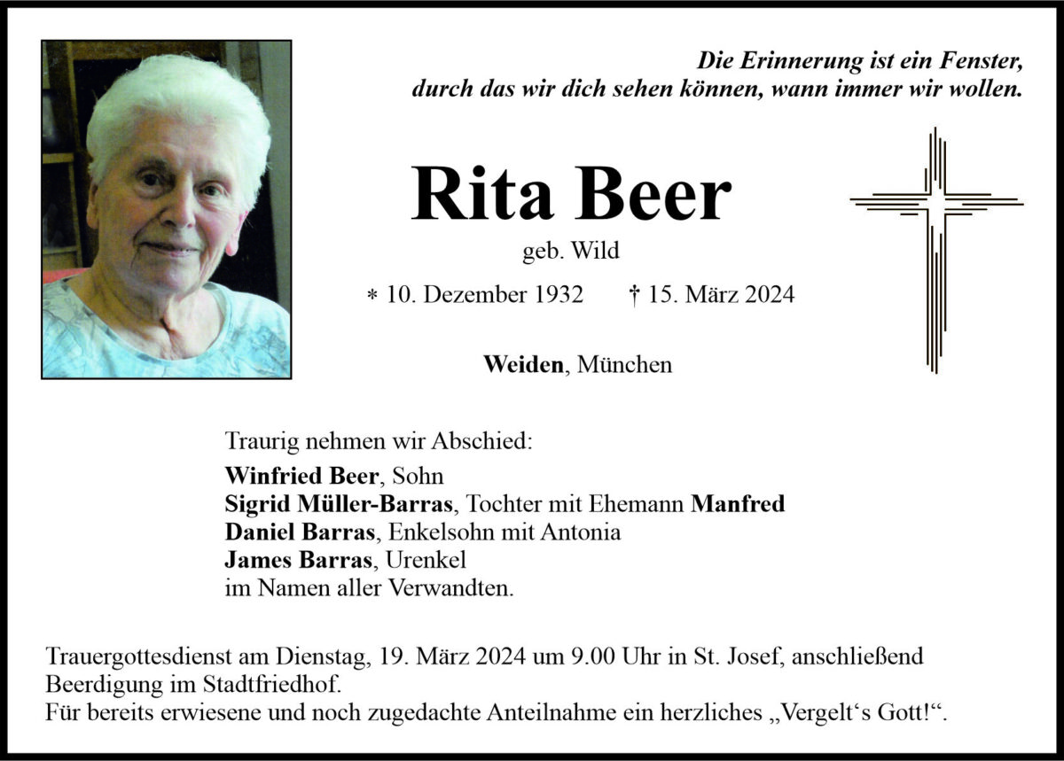 Traueranzeige Rita Beer, Weiden