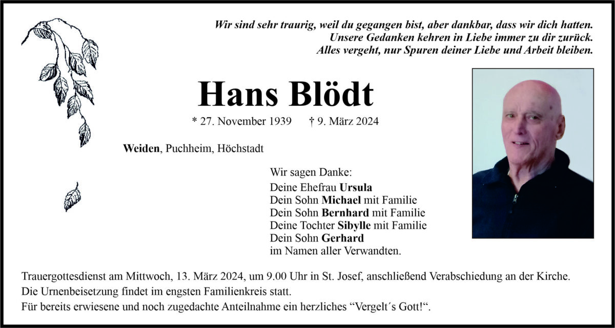 Traueranzeige Hans Blödt, Weiden