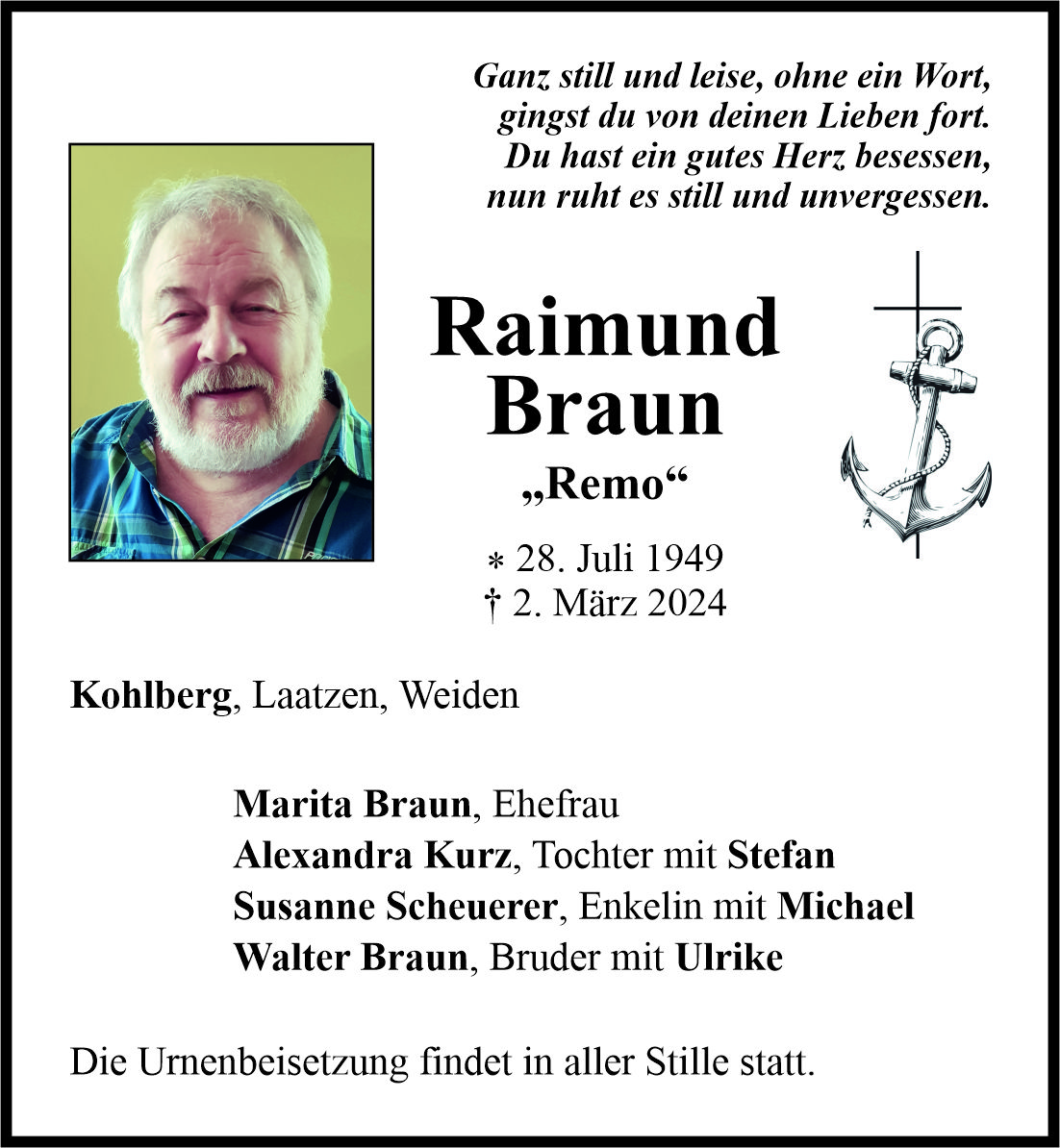 Traueranzeige Raimund Braun, Kohlberg