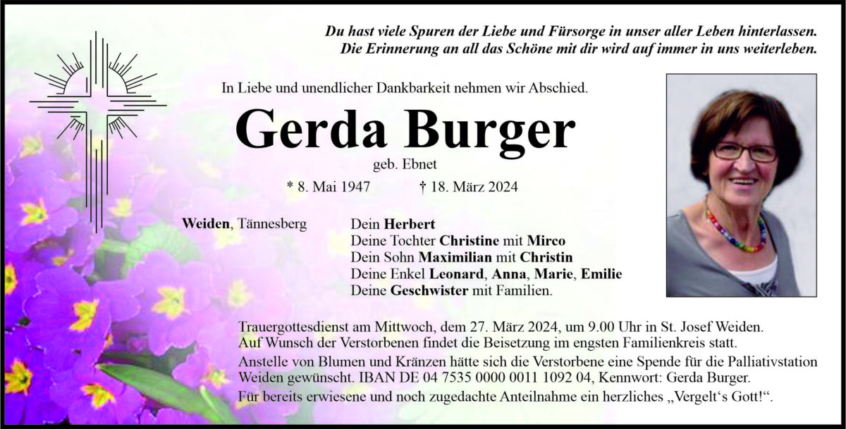 Traueranzeige Gerda Burger, Weiden