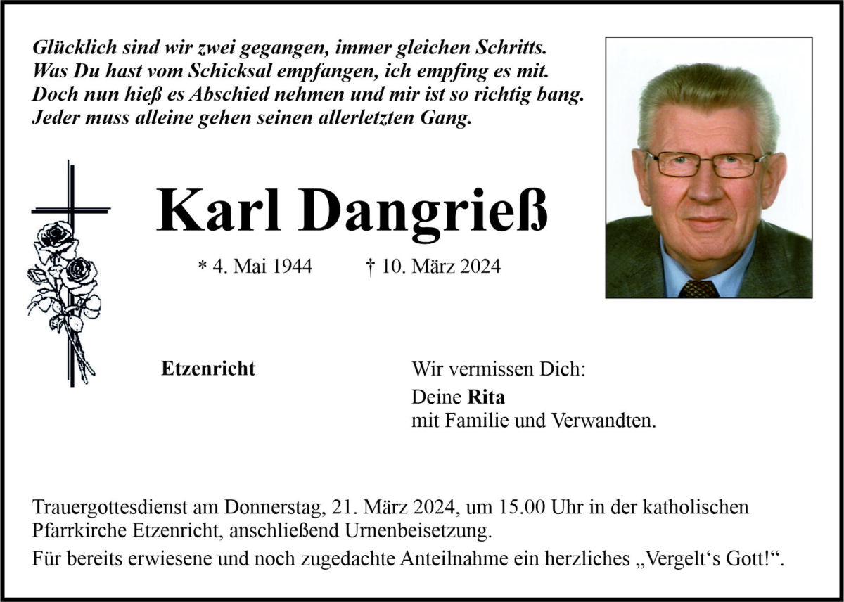 Traueranzeige Karl Dangrieß, Etzenricht