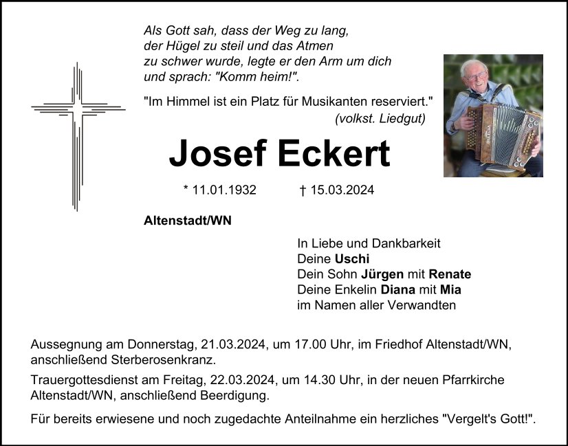 Traueranzeige Josef Eckert, Altenstadt/WN