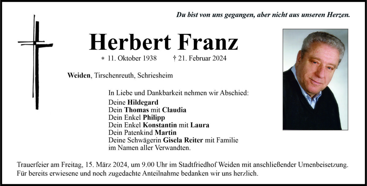 Traueranzeige Herbert Franz, Weiden