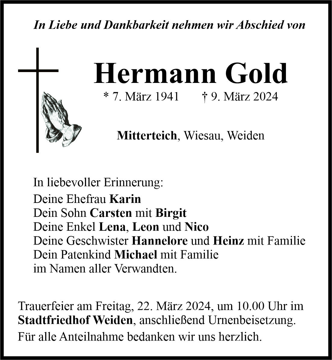 Traueranzeige Hermann Gold, Mitterteich