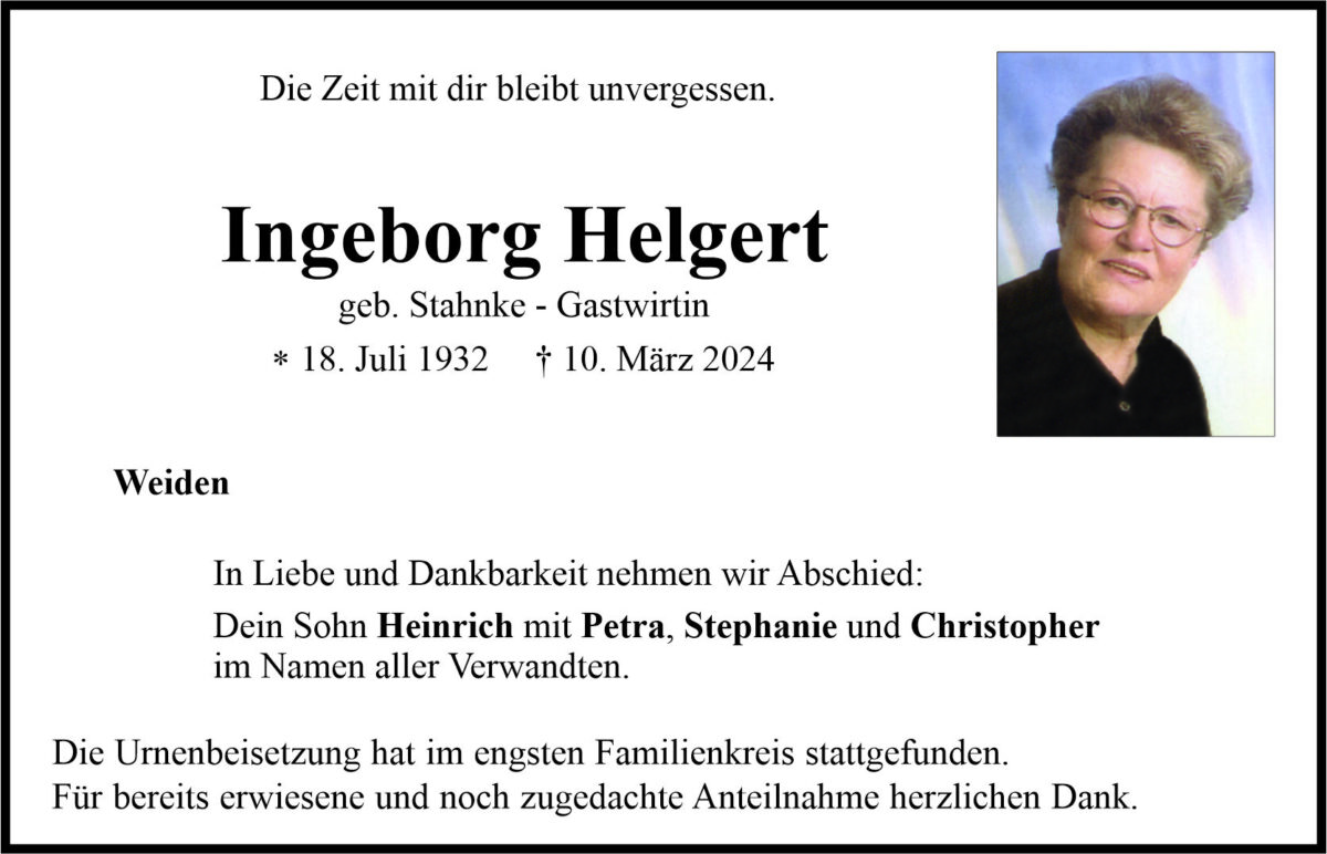 Traueranzeige Ingeborg Helgert, Weiden