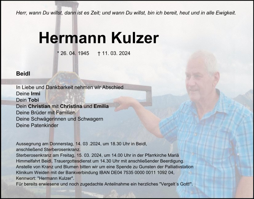 Traueranzeige Hermann Kulzer, Beidl