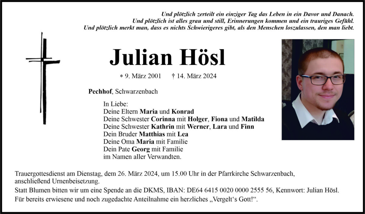 Traueranzeige Julian Hösl, Pechhof