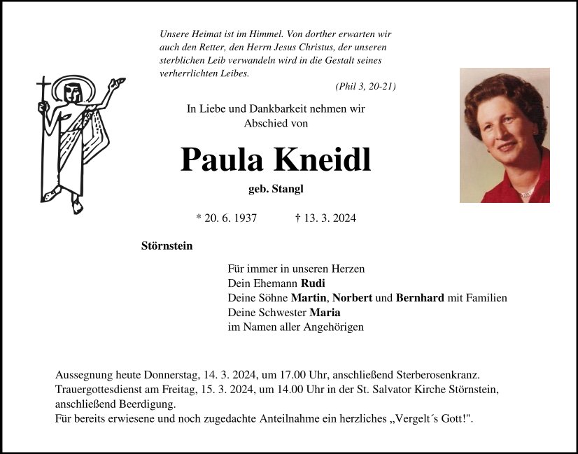Traueranzeige Paula Kneidl, Störnstein