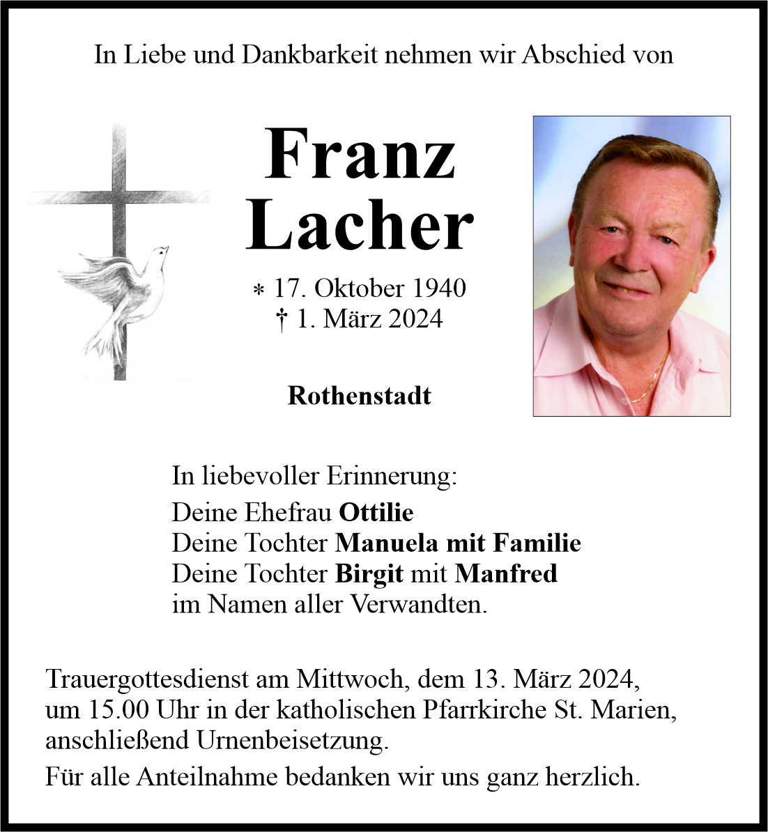 Traueranzeige Franz Lacher, Rothenstadt