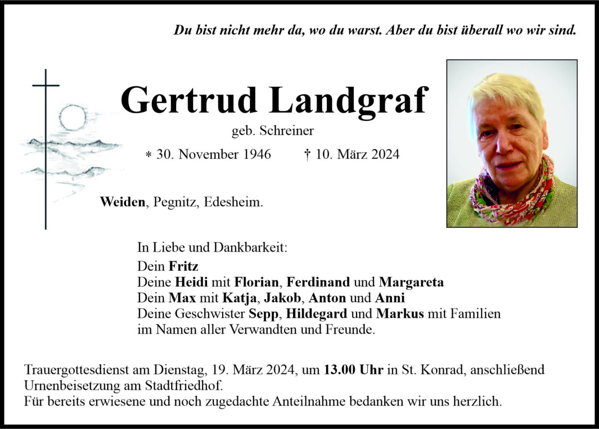 Traueranzeige Gertrud Landgraf, Weiden