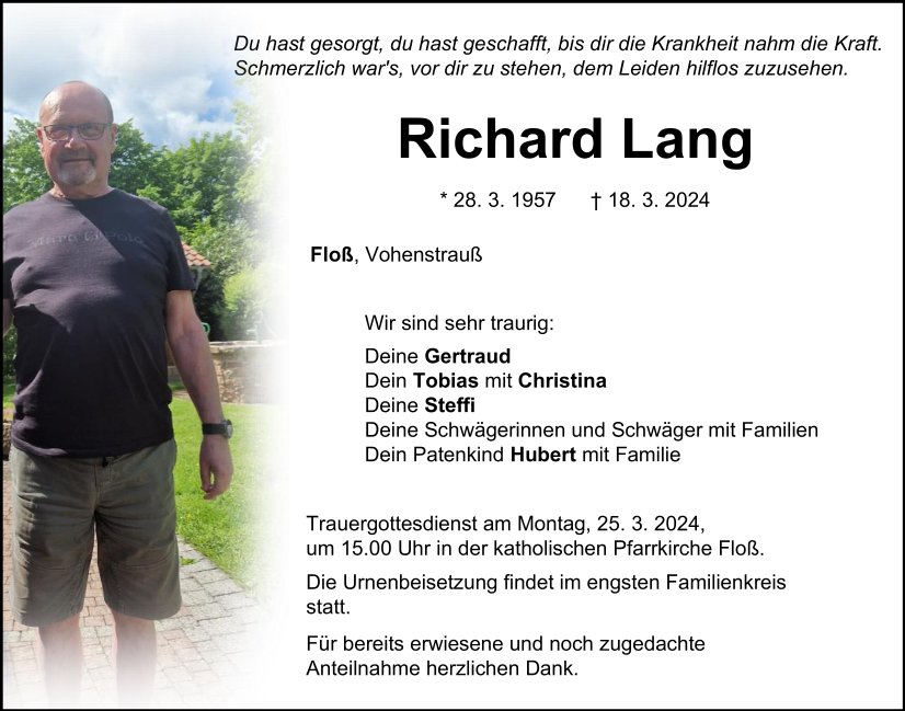 Traueranzeige Richard Lang, Floß