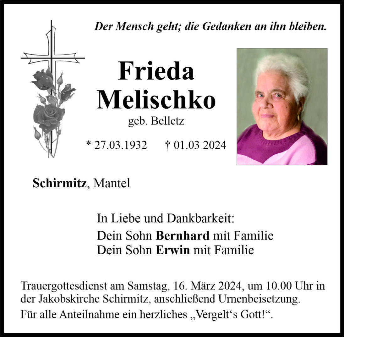 Traueranzeige Frieda Melischko, Schirmitz