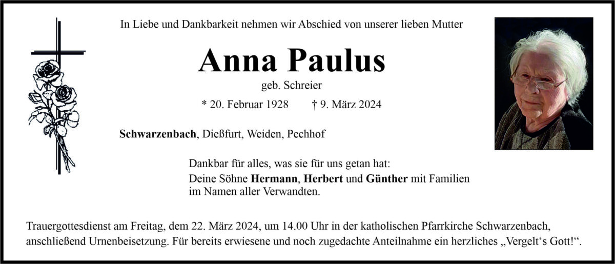 Traueranzeige Anna Paulus, Schwarzenbach
