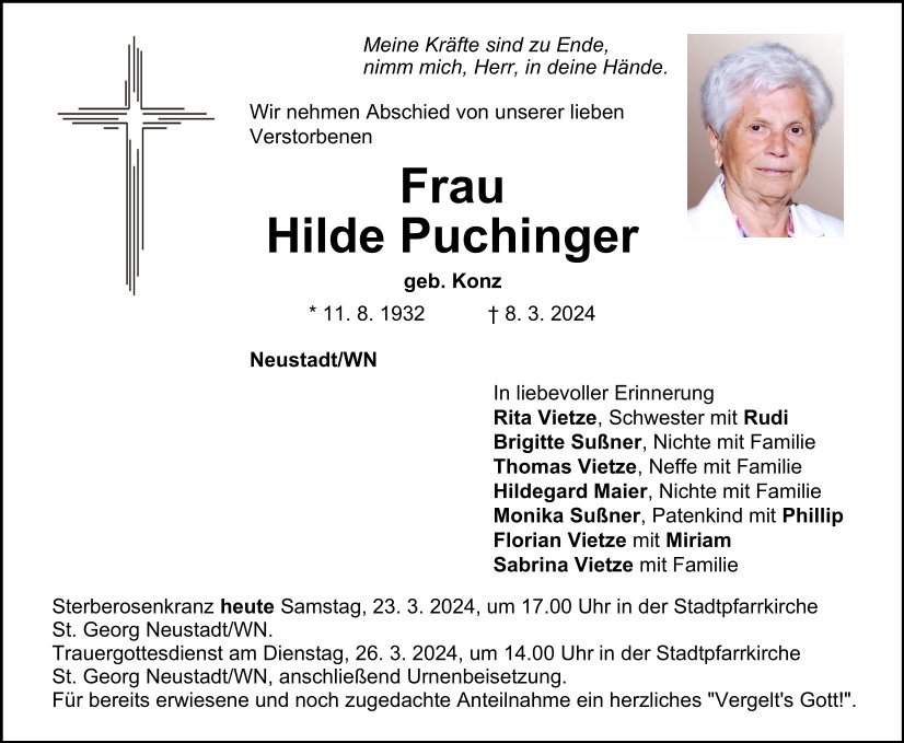Traueranzeige Hilde Puchinger, Neustadt/WN