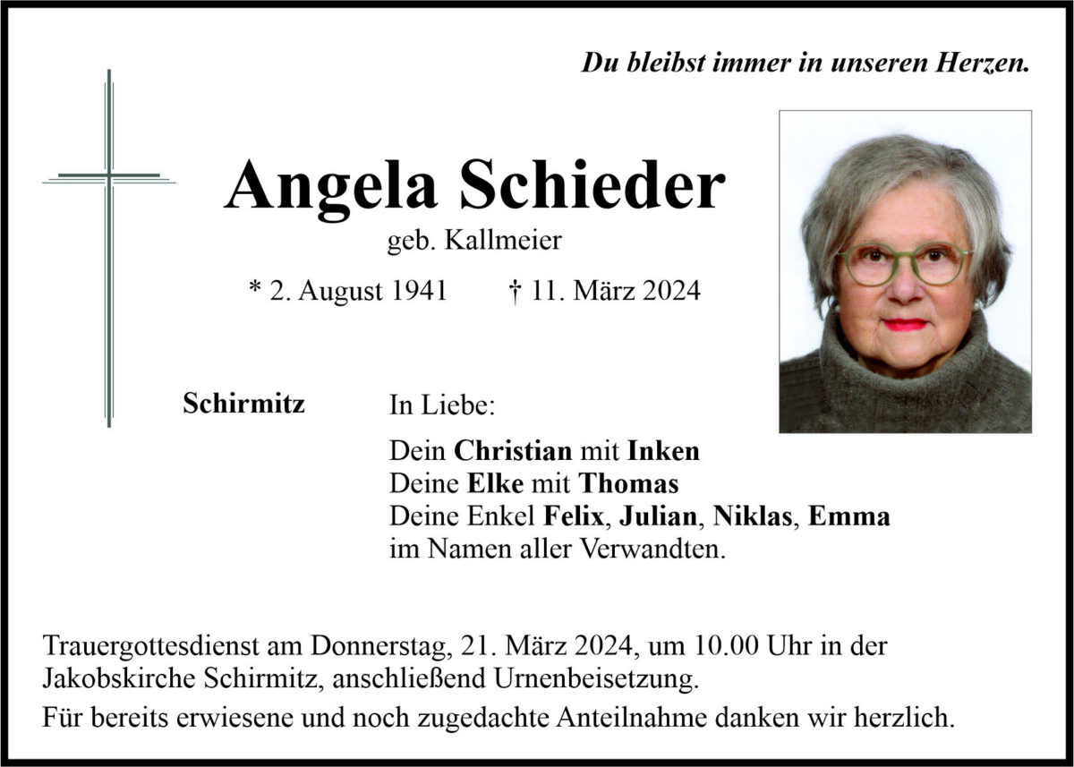 Traueranzeige Angela Schieder, Schirmitz