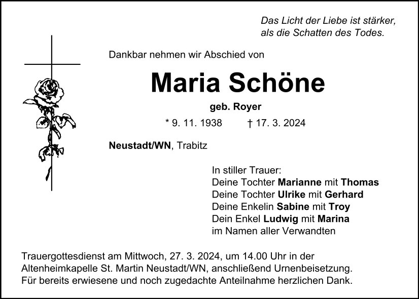 Traueranzeige Maria Schöne, Neustadt/WN