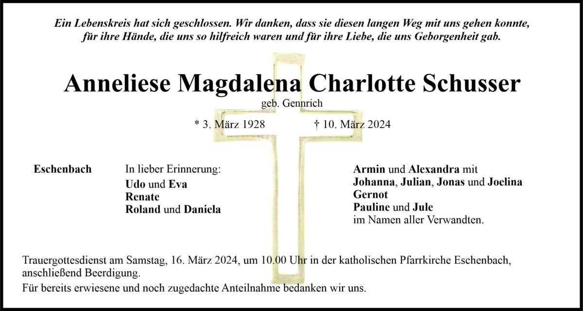 Traueranzeige Anneliese Magdalena Charlotte Schusser, Eschenbach