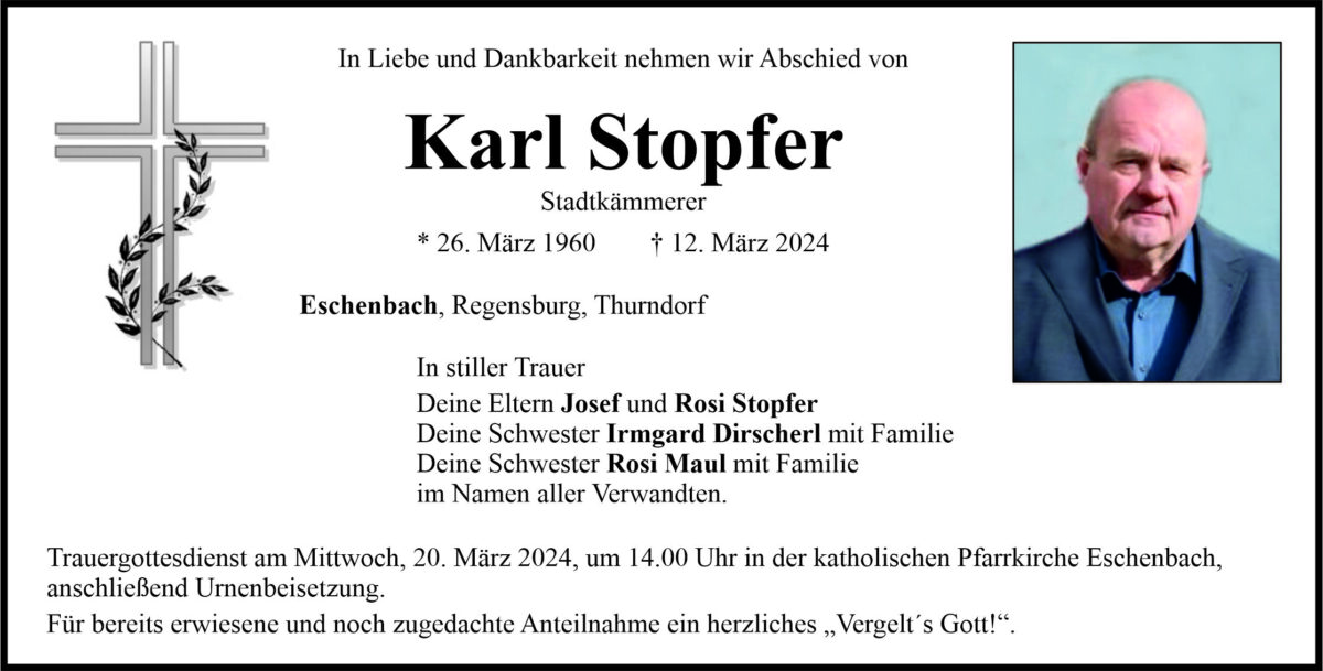 Traueranzeige Karl Stopfer, Eschenbach