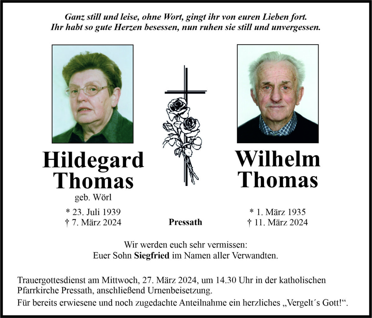 Traueranzeige Hildegard und Wilhelm Thomas, Pressath