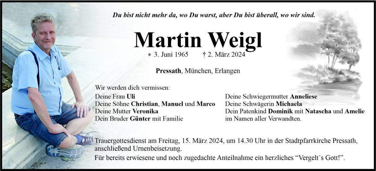 Traueranzeige Martin Weigl, Pressath