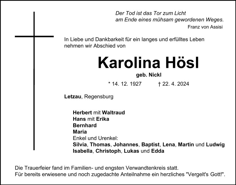 Traueranzeige Karolina Hösl, Letzau