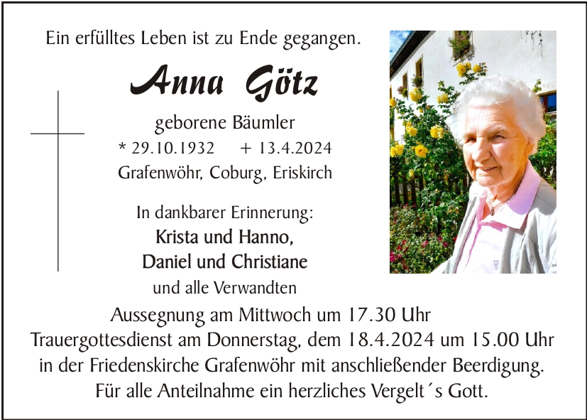 Traueranzeige Anna Götz, Grafenwöhr