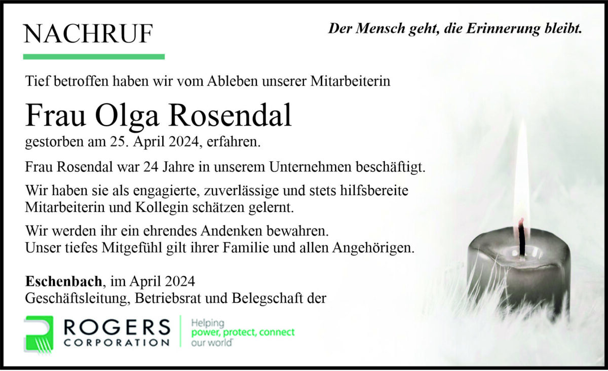 Nachruf Olga Rosendal, Eschenbach