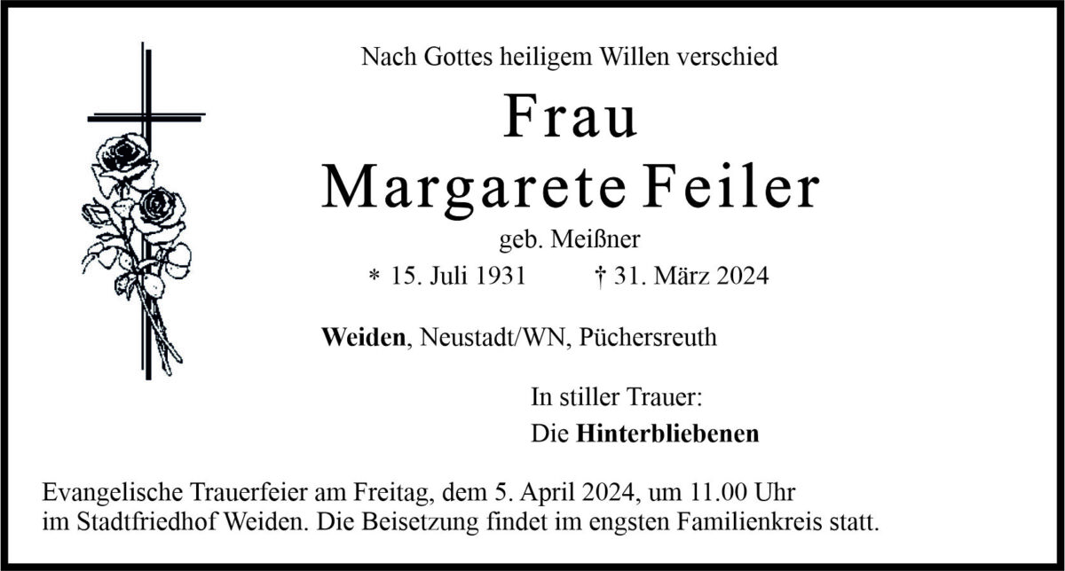 Traueranzeige Margareta Feiler, Weiden