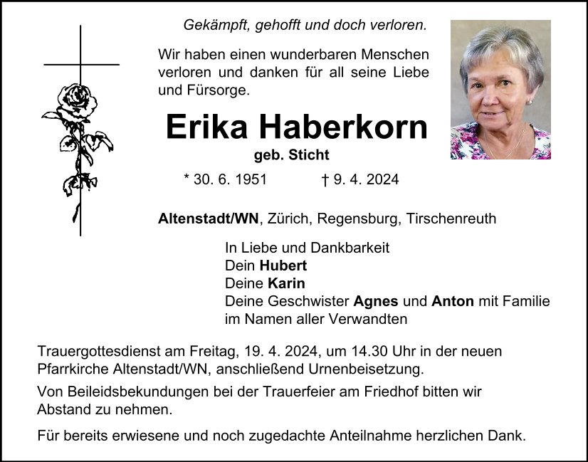 Traueranzeige Erika Haberkorn, Altenstadt/WN