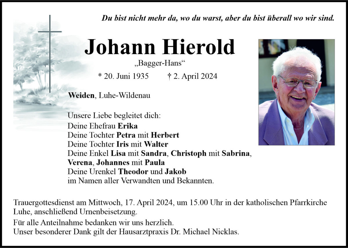 Traueranzeige Johann Hierold, Weiden