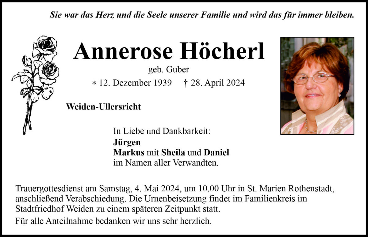 Traueranzeige Annerose Höcherl, Weiden-Ullersricht