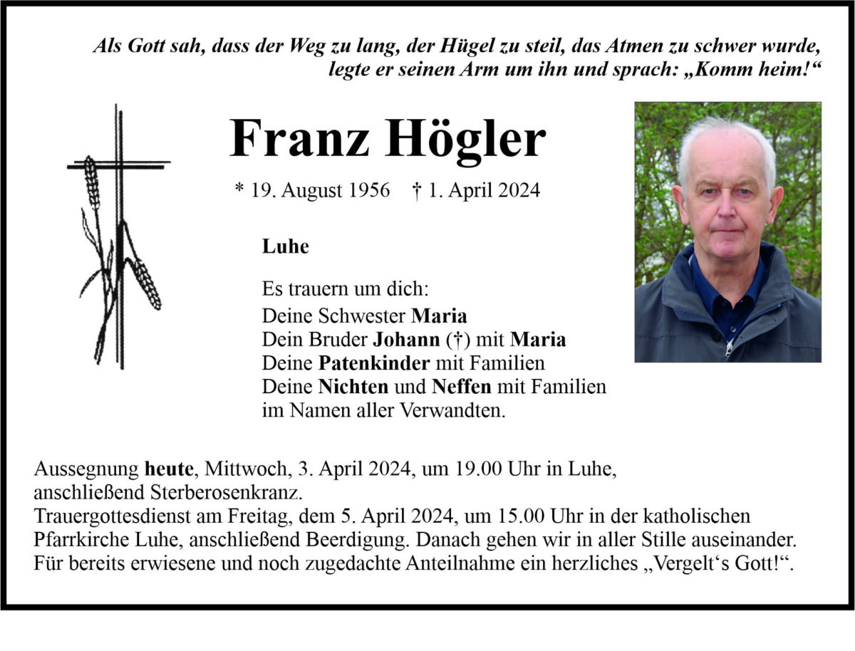 Traueranzeige Franz Högler, Luhe