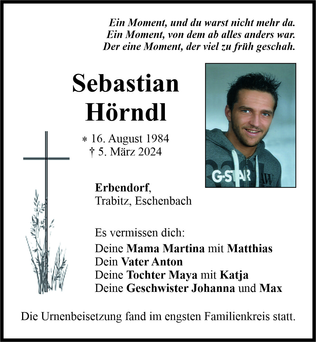 Traueranzeige Sebastian Hörndl, Erbendorf
