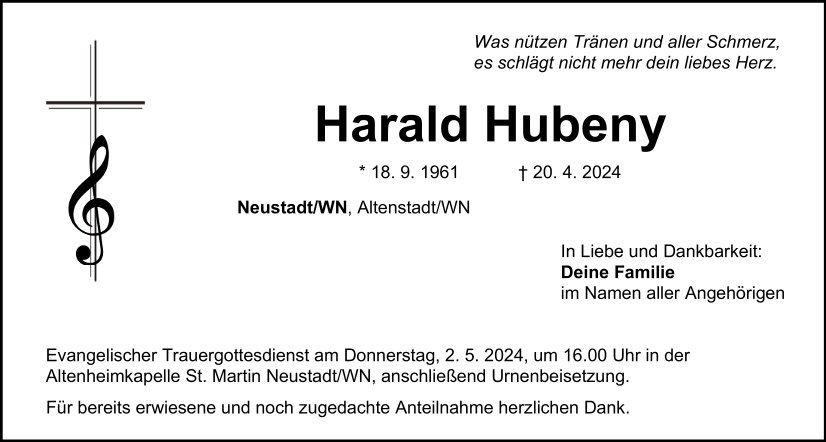 Traueranzeige Harald Hubeny, Neustadt/WN