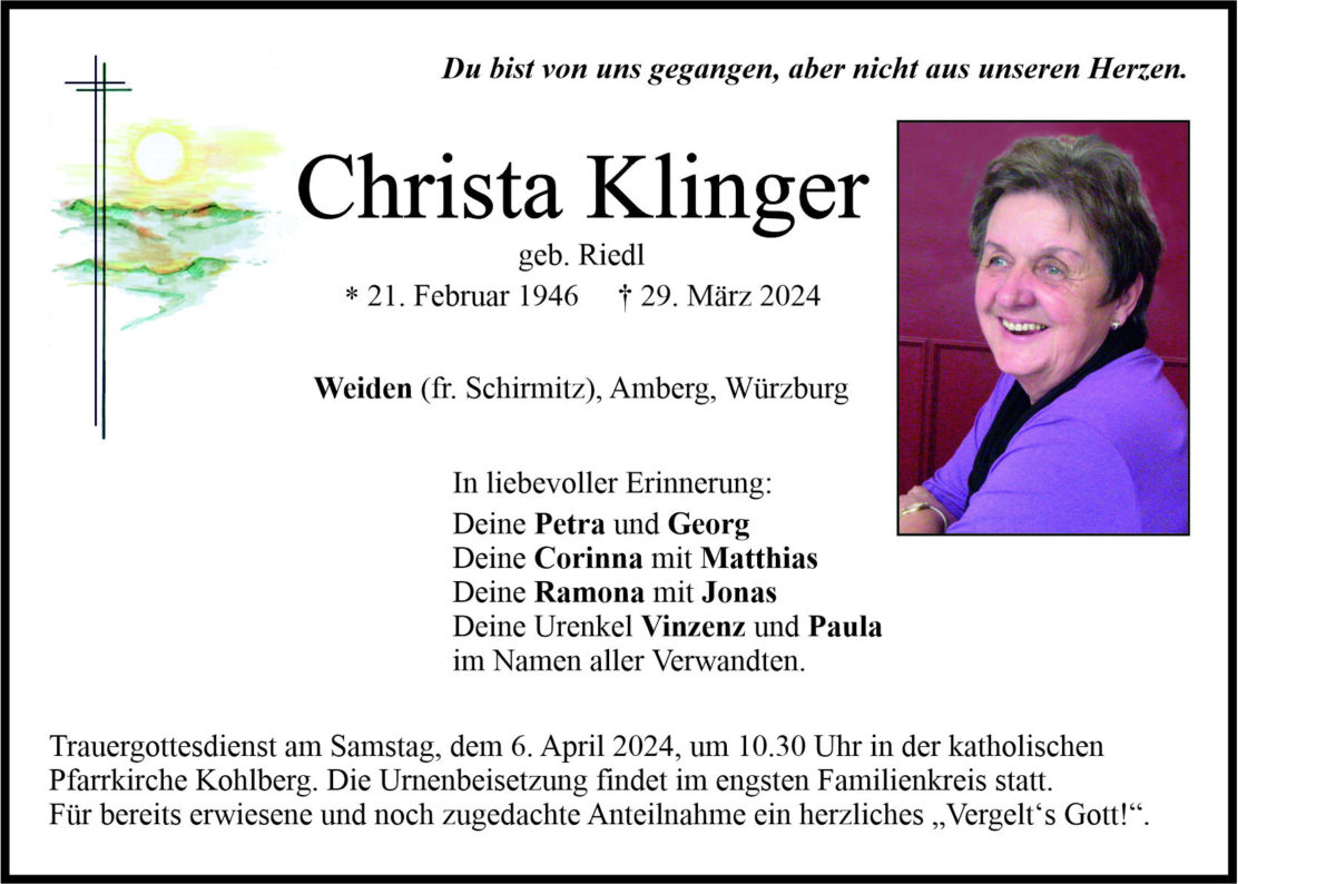 Traueranzeige Christa Klinger, Weiden