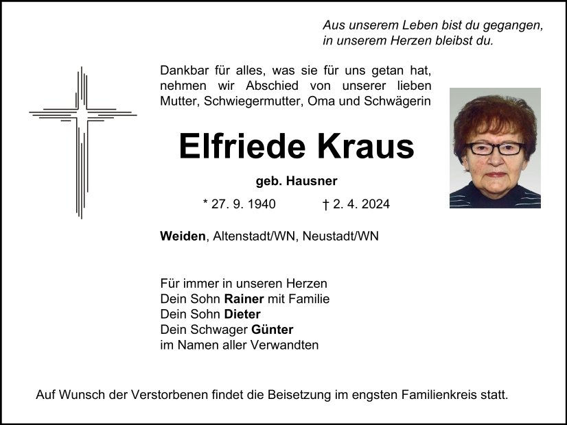 Traueranzeige Elfriede Kraus, Weiden