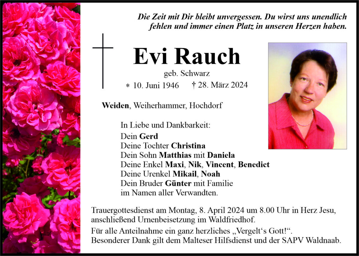Traueranzeige Evi Rauch, Weiden