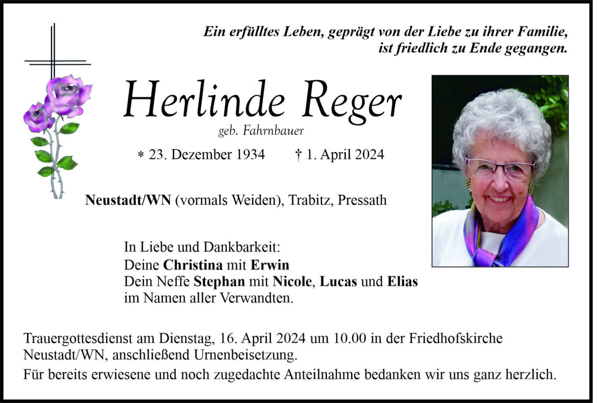 Traueranzeige Herlinde Reger, Neustadt/WN