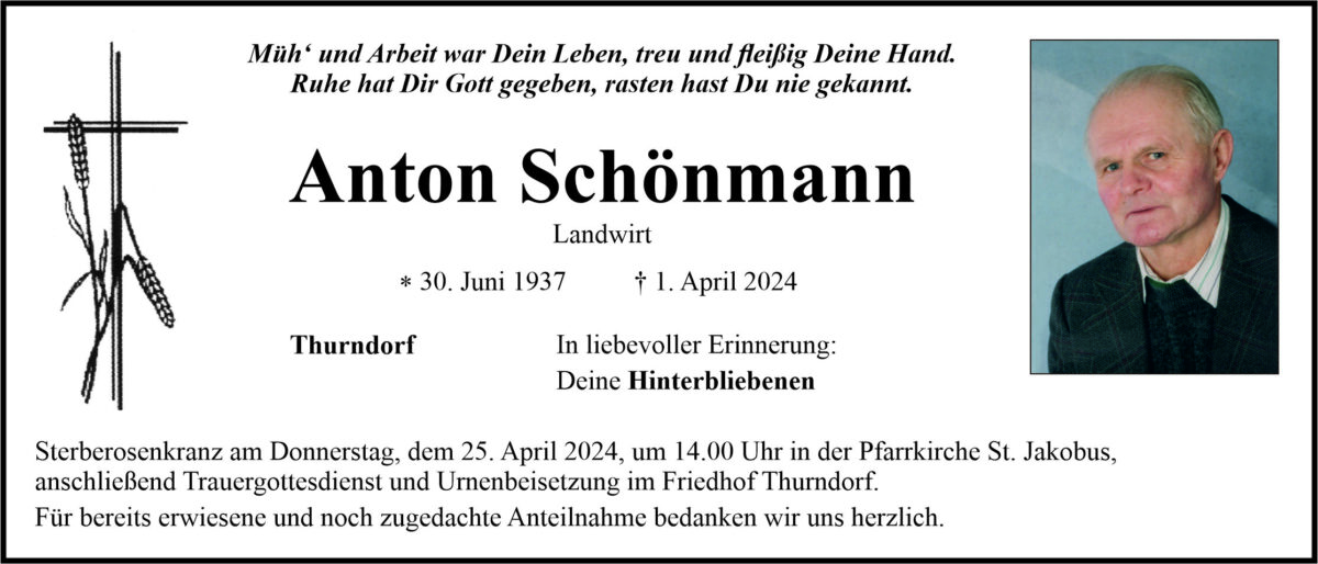 Traueranzeige Anton Schönmann, Thurndorf