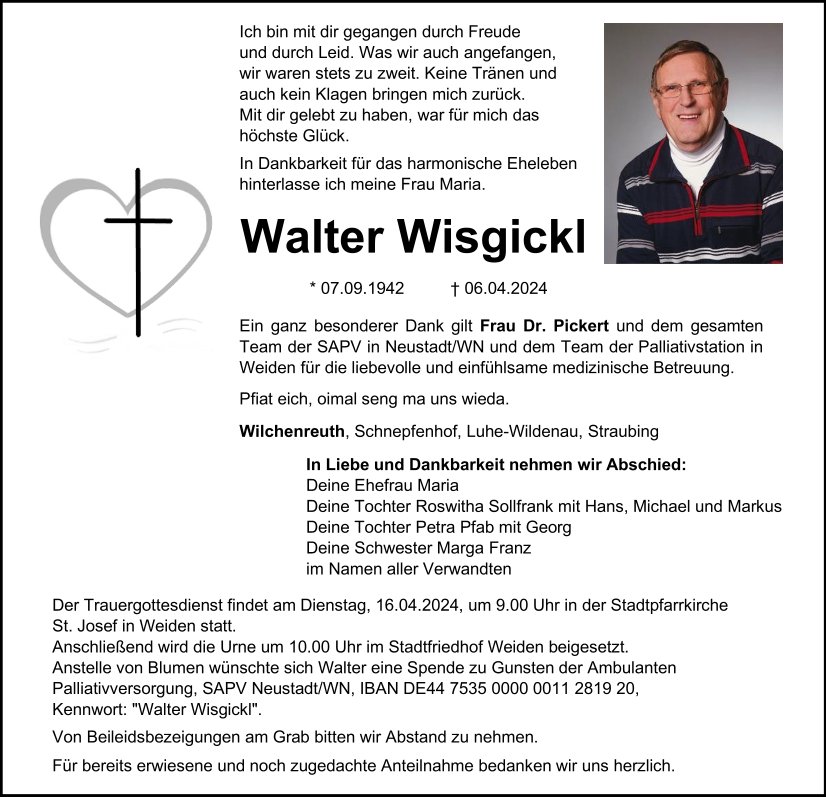 Traueranzeige Walter Wisgickl, Wilchenreuth