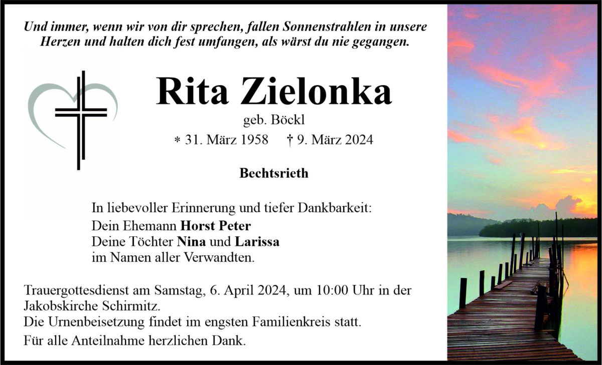 Traueranzeige Rita Zielonka, Bechtsrieth
