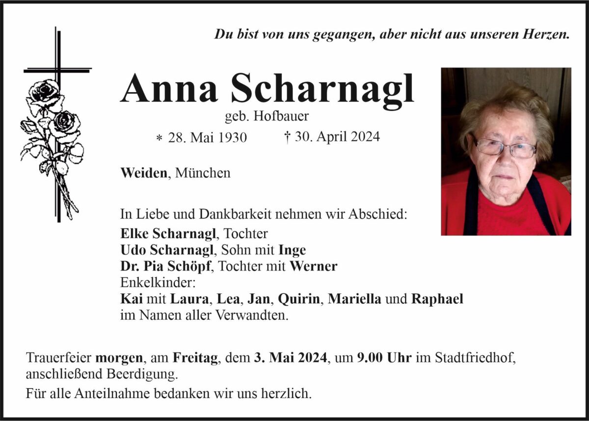 Traueranzeige Anna Scharnagl, Weiden