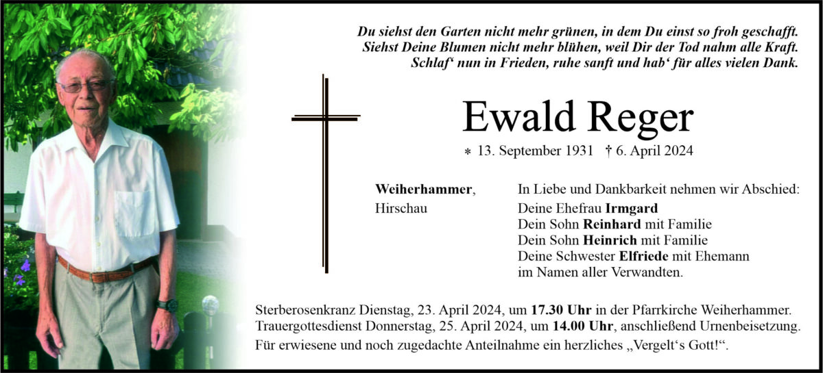 Traueranzeige Ewald Reger, Weiherhammer